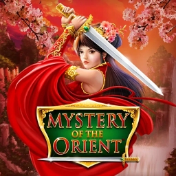 mystery of the orient slot female worrier dressed in red dress holding a sword